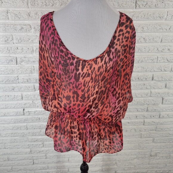 Investments Womens Top 1X Plus Peplum Pink Black Animal Print Sheer ANI15E - Picture 1 of 9